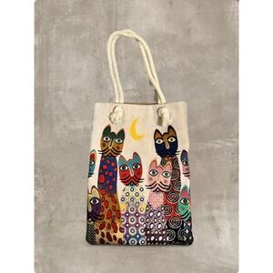 Colorful Woven Cat Tapestry Rope Tote Bag – Whimsical Art‎ Cats with Moon